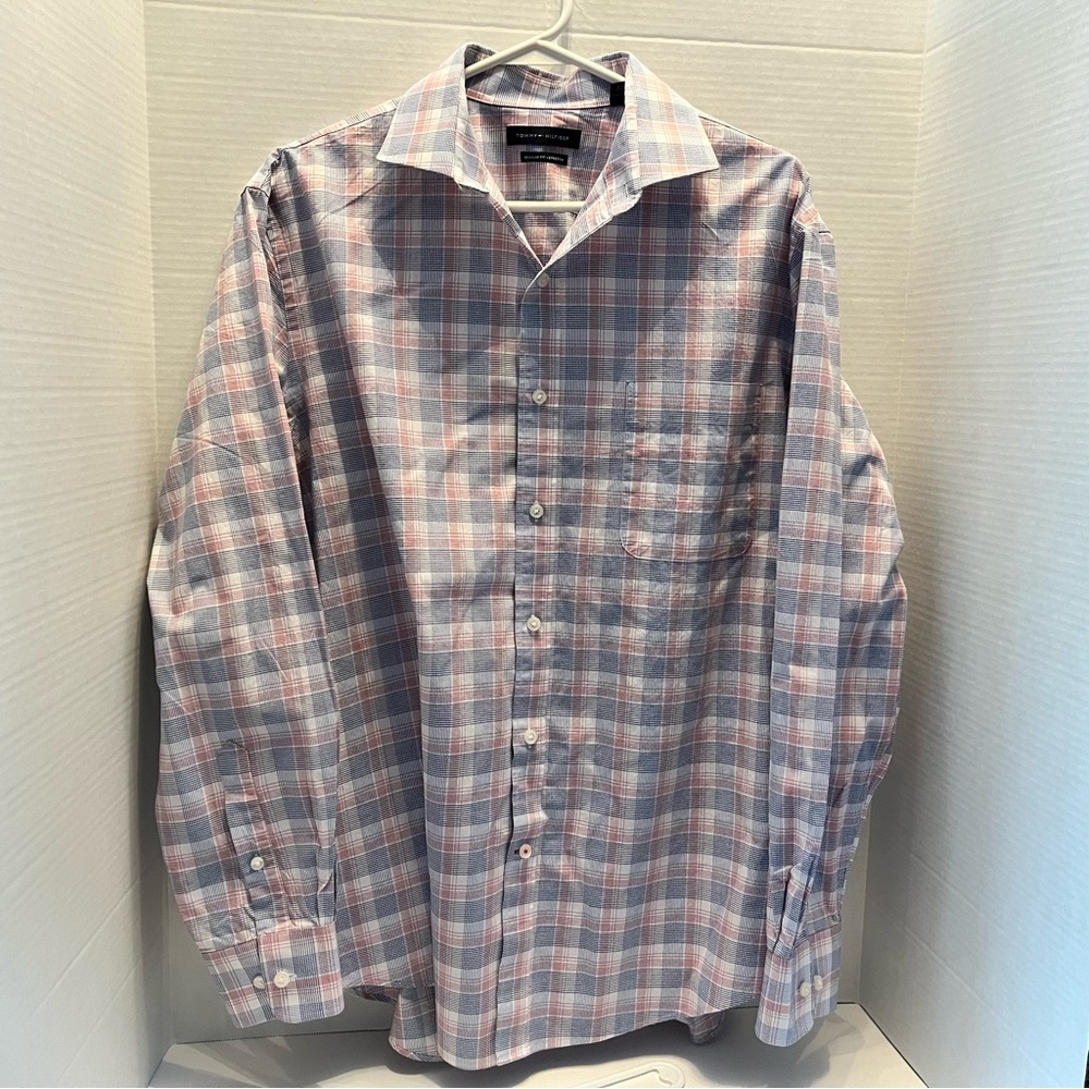 Tommy Hilfiger – Men's Dress Shirt - Red/White/Blue- Size 16 1/2, 34/35, Large
